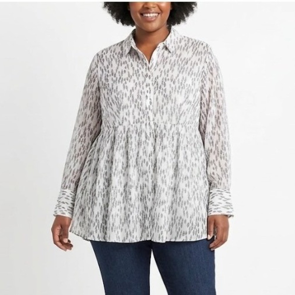 New Lane Bryant sz 18/20 Black White Leaf Print Baby-doll Popover Sheer‎ Blouse